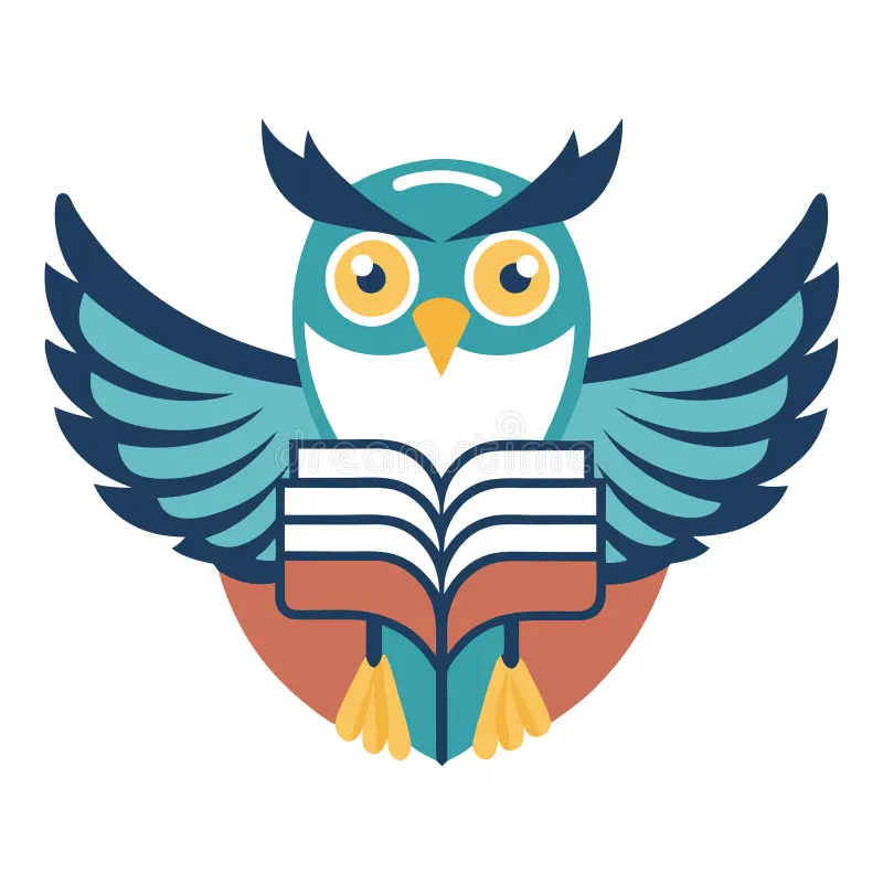 English learning logo with an owl holding a book